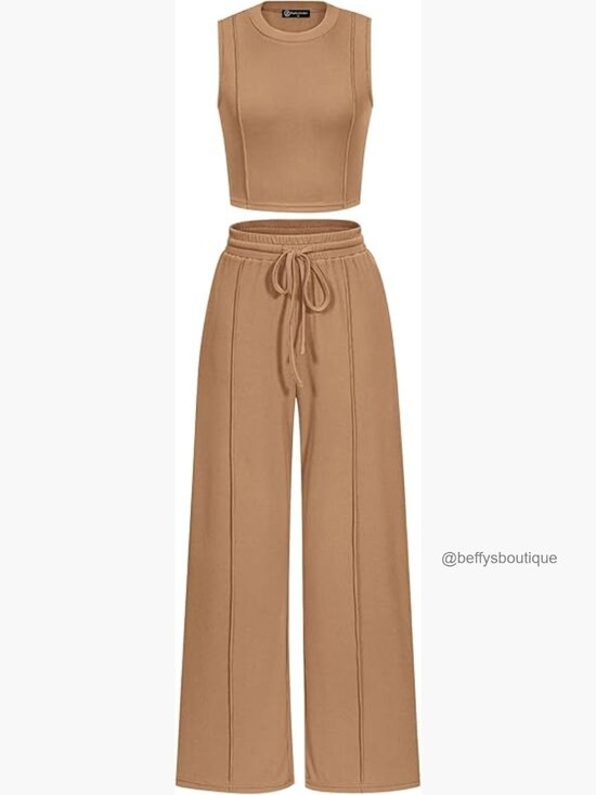 Pants - Women's Summer 2-Piece Loungewear Set Cropped Tank Top Wide Leg Sweatpants